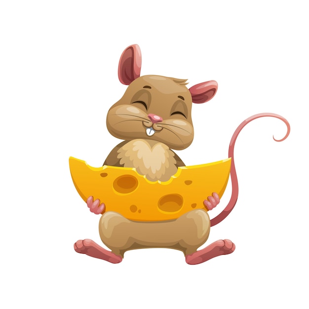 チーズと幸せな漫画のマウス かわいいベクトルのネズミのキャラクターは 白い背景で隔離の穴とチーズの大きな部分をかみます 面白い食べ過ぎの齧歯動物やペット おとぎ話の本やゲームの人物 プレミアムベクター