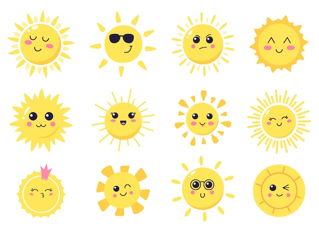 幸せな漫画太陽 手描きかわいい笑顔太陽 日当たりの良い幸せな文字 輝く明るい太陽の図記号セット 太陽と日光 太陽の光がかわいい笑顔 夏の明るい プレミアムベクター
