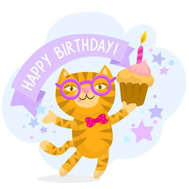 プレミアムベクター カップケーキと幸せな猫 お誕生日おめでとうイラスト