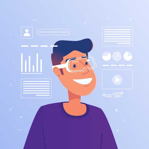 Happy caucasian white man in augmented reality glasses operating hud virtual interface. Premium Vector