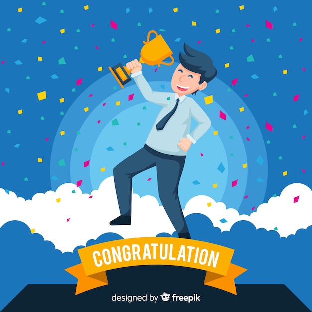 Happy character winning prize with flat design Free Vector
