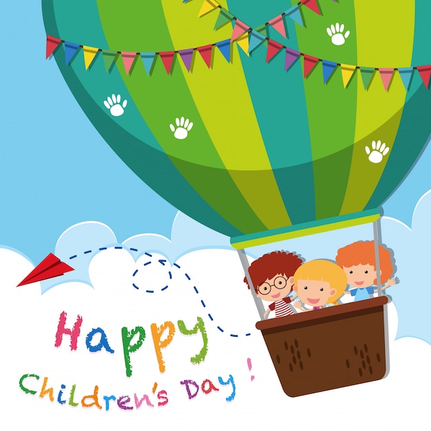 Happy children's day poster with kids on balloon Vector | Premium Download