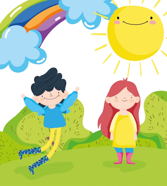 幸せな子供の日 かわいい男の子と女の子フィールド晴れた虹ベクトルイラスト プレミアムベクター