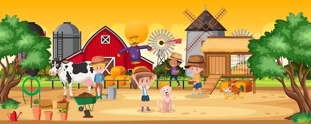 Premium Vector | Happy children at the farm scene