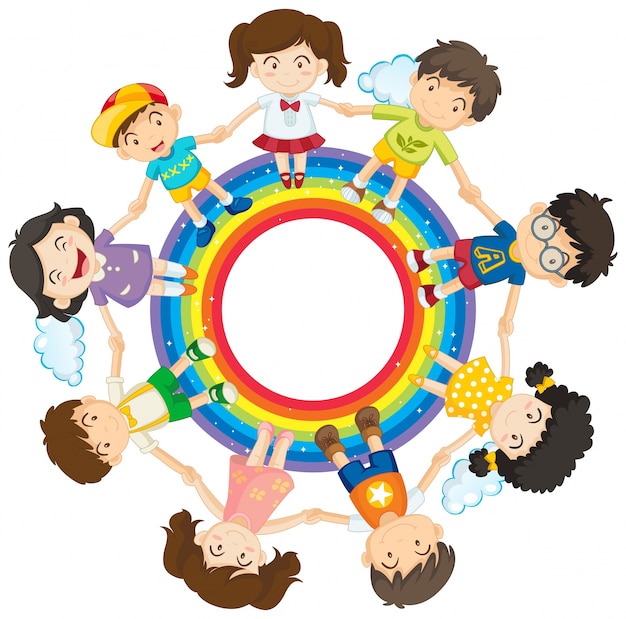 Free Vector | Happy children holding hands around rainbow circle