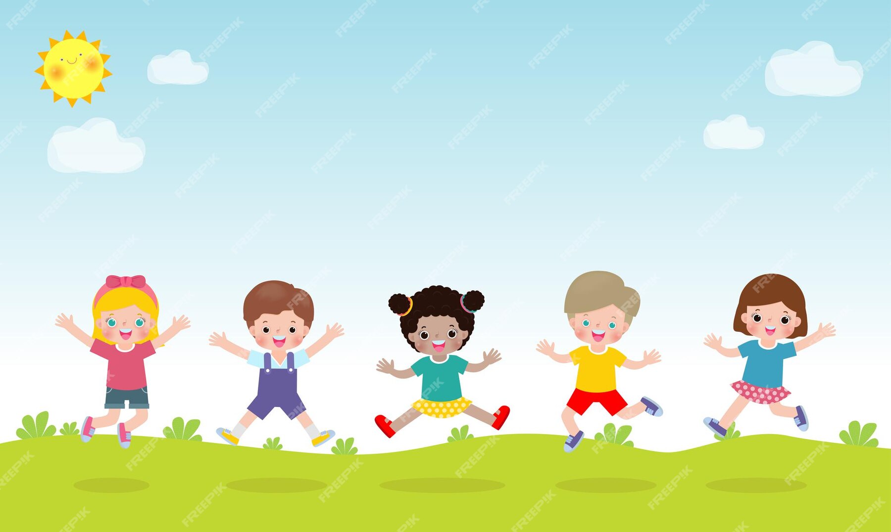 Premium Vector | Happy children jumping and dancing together on the ...