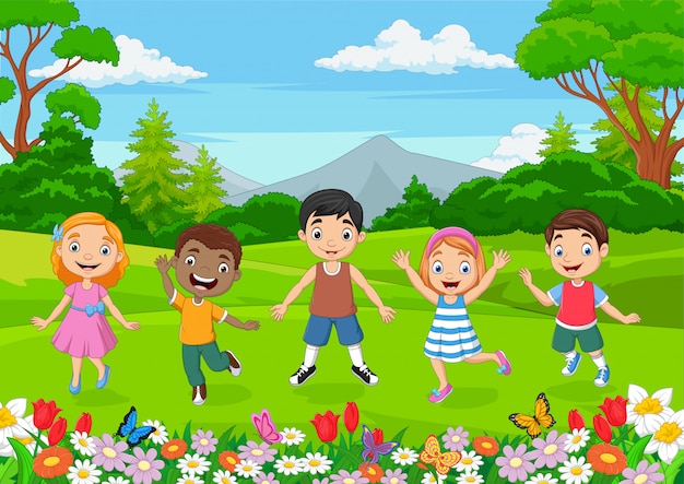 Premium Vector | Happy children jumping in the park