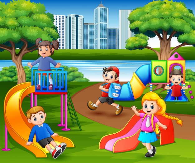 Happy children playing in the school playground Vector | Premium Download