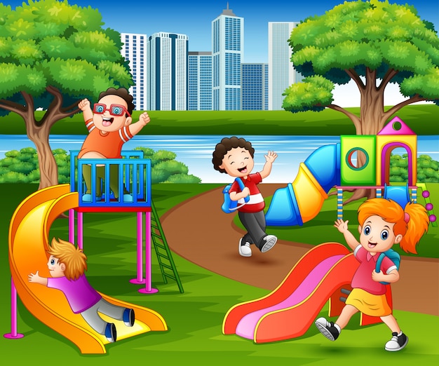 Happy Children Playing In The School Playground Premium Vector