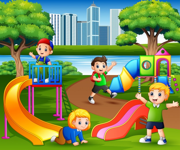 Premium Vector | Happy children playing in the school playground