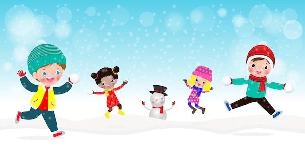 Premium Vector | Happy children playing in the snow outdoor in winter ...