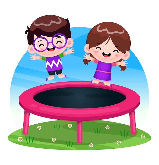 Premium Vector | Happy children playing on the trampoline