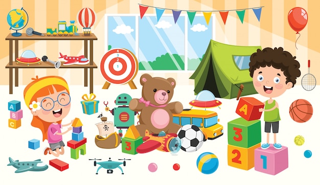 Happy children playing with toys Premium Vector