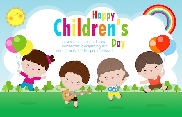 Happy Children's Day Poster With Happy Kids Greeting Card Background 