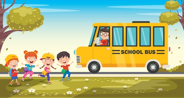 Premium Vector | Happy children and school bus