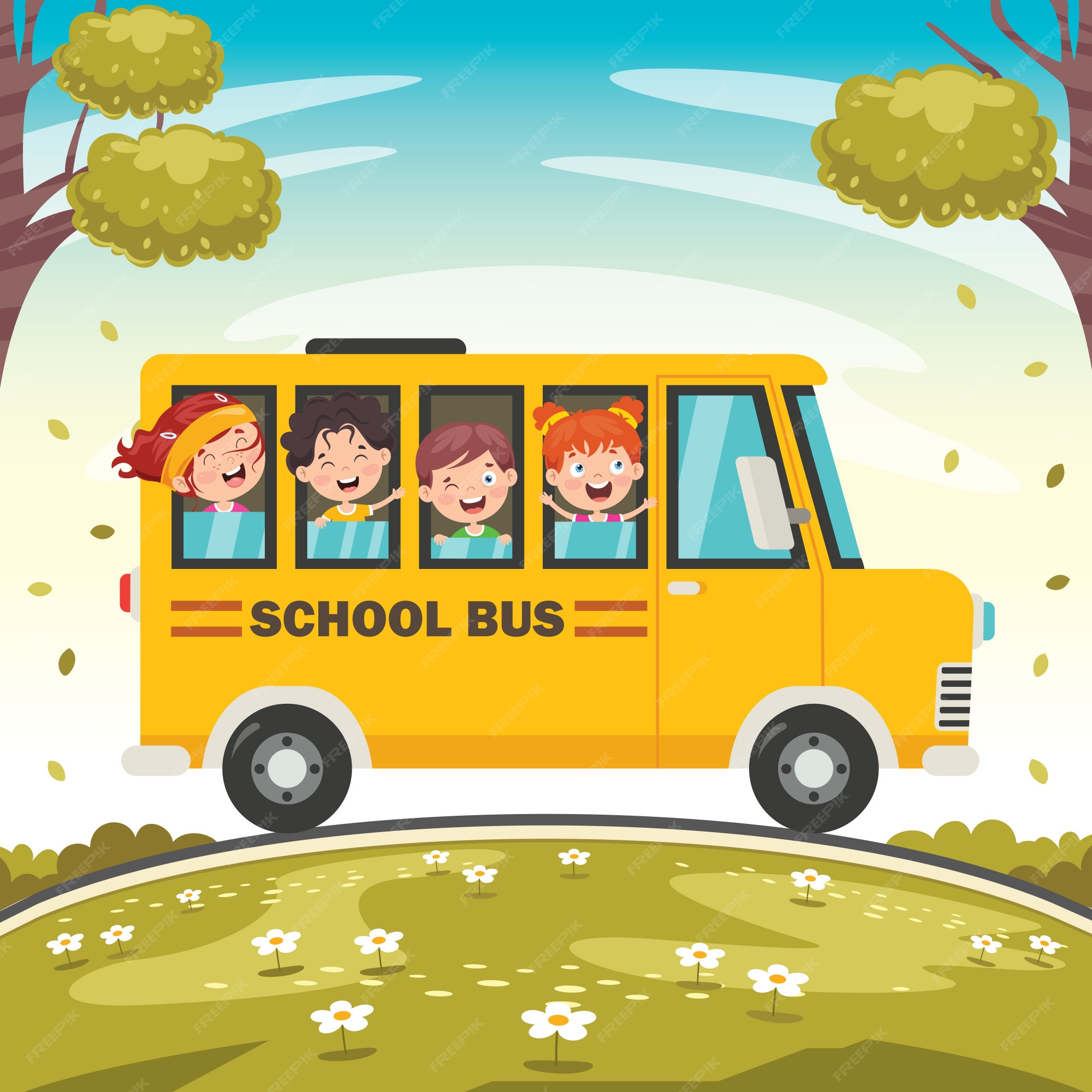 Premium Vector | Happy children and school bus