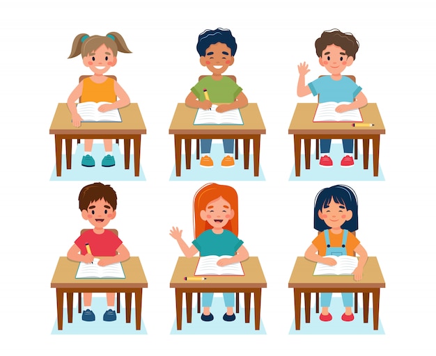 Premium Vector Happy Children Sitting In Class Back To School Concept Cute Characters