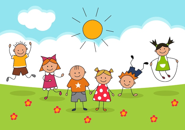 Premium Vector | Happy children and sunny day. kid drawing. vector hand ...