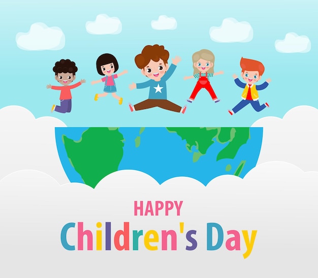 Premium Vector | Happy childrens day card with happy kids jumping on ...