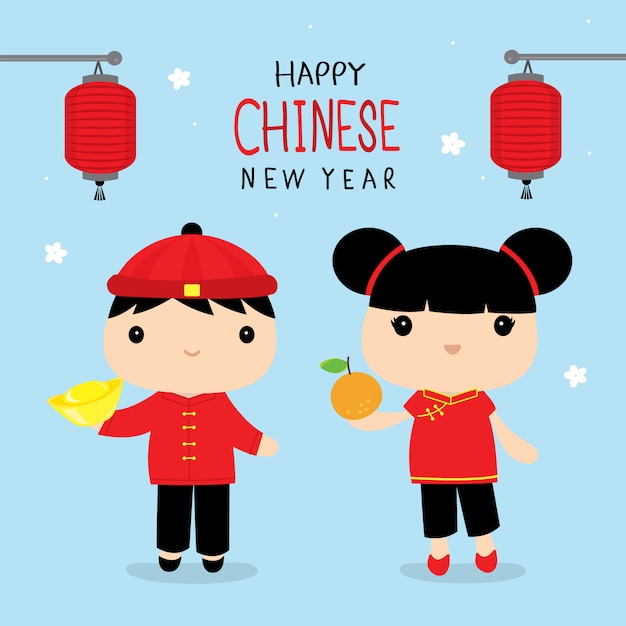 Premium Vector | Happy chinese new year boy and girl vector