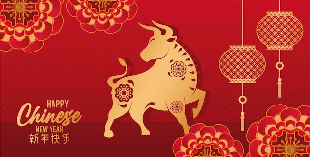 Premium Vector | Happy chinese new year card with golden ox and lamps ...