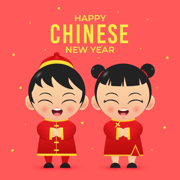 Happy chinese new year cute character girl and boy costume vector ...