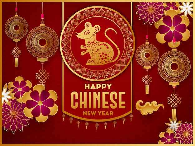 Happy chinese new year greeting card with rat zodiac sign, paper cut flowers and hanging knot tassel ornaments on stylish red seamless square pattern . Premium Vector