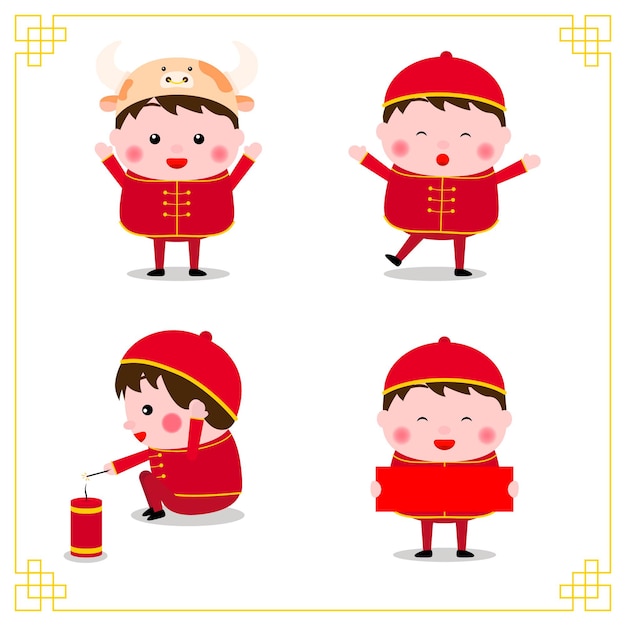 Premium Vector | Happy chinese new year. variety of chinese kids ...