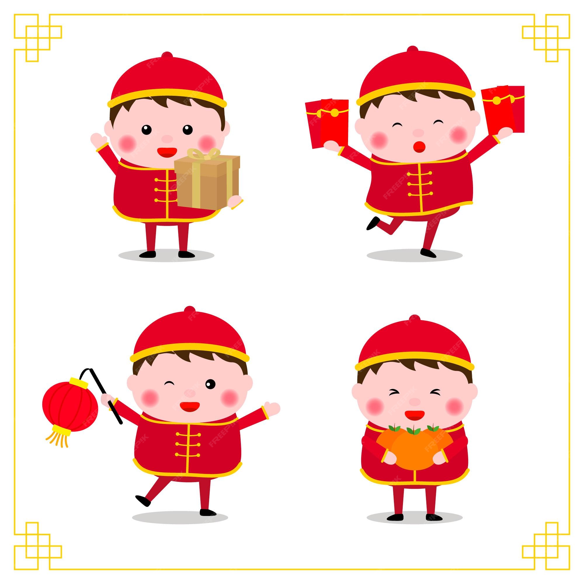 Premium Vector | Happy chinese new year. variety of chinese kids ...