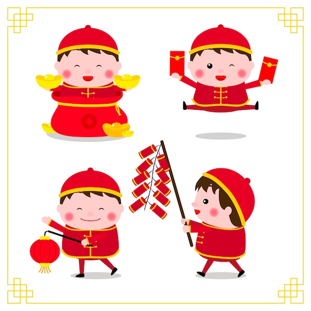 Premium Vector | Happy chinese new year. variety of chinese kids ...