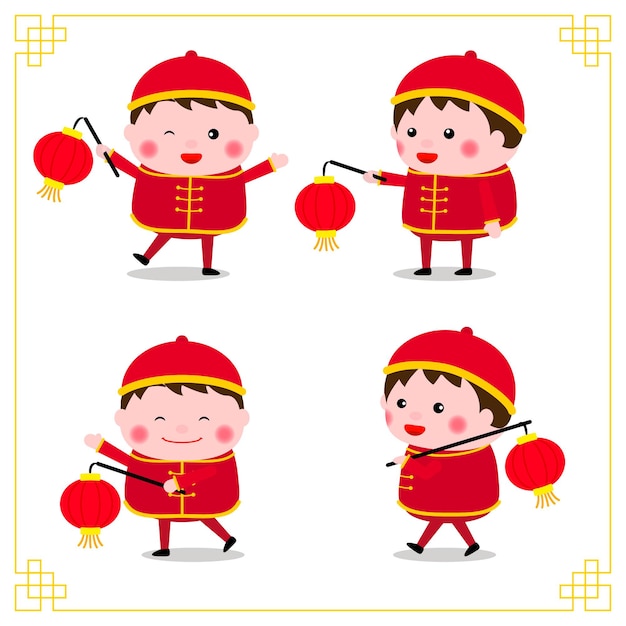 Premium Vector | Happy chinese new year. variety of chinese kids ...