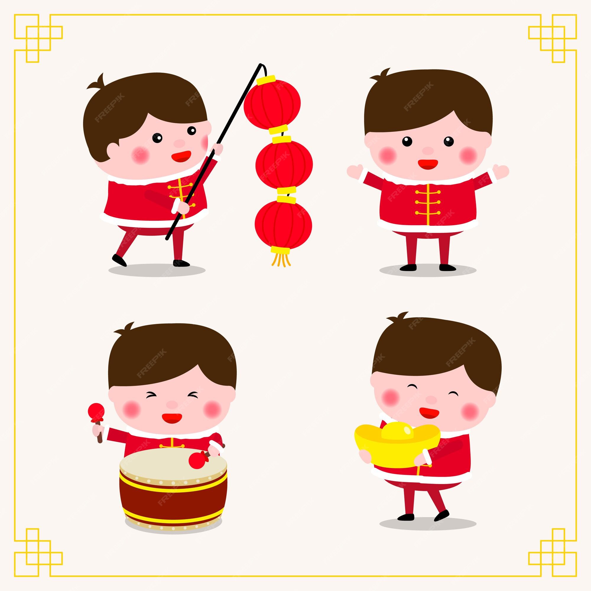 Premium Vector | Happy chinese new year variety of chinese kids ...