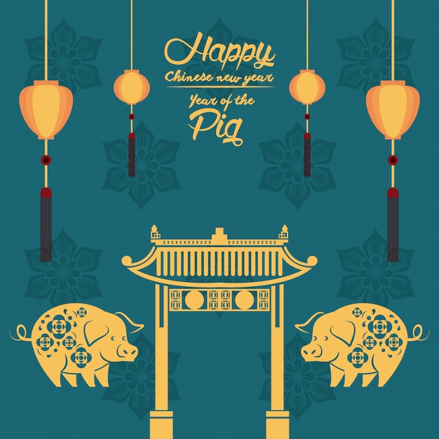 Premium Vector | Happy chinese new year year of the pig card