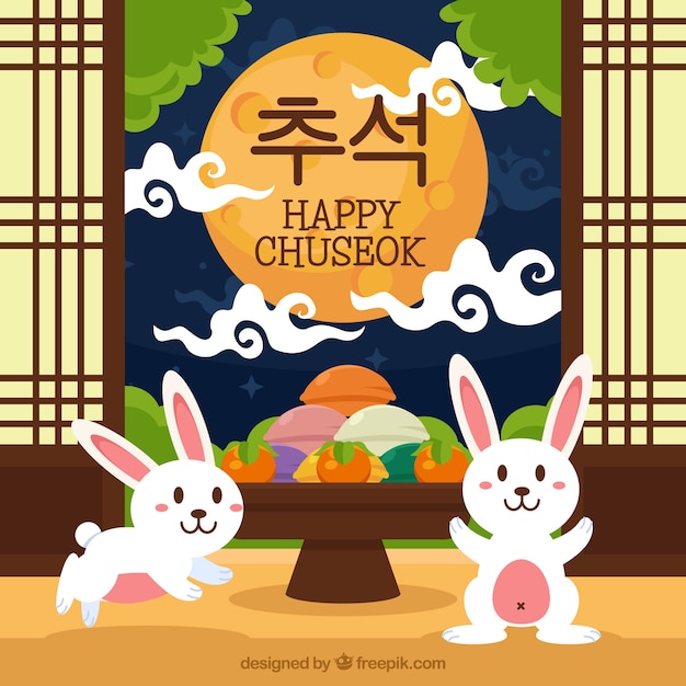 Happy chuseok background with rabbits Free Vector