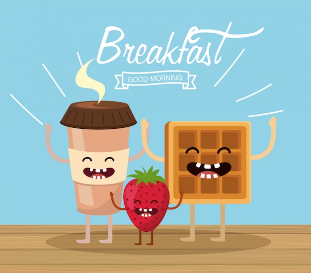 Premium Vector | Happy coffee plastic cup with waffle and strawberry