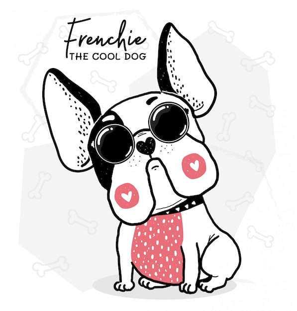 幸せなクールなかわいいフレンチブルドッグとハートマークがサングラスを身に着けているフレンチクールな犬の言葉 かわいいキャラクター落書き外形図スタイル プレミアムベクター