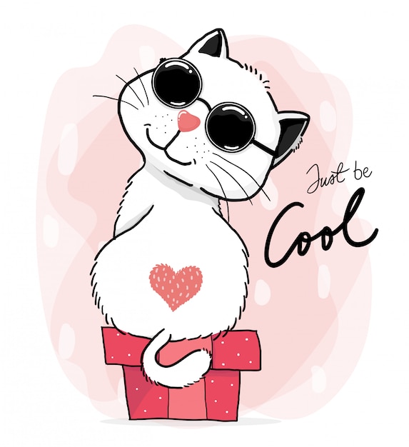 幸せなクールなかわいい白いふわふわの太った猫のハートマークは サングラスを身に着けているギフトボックスの上に立つ ちょうどクールな言葉 かわいい キャラクター落書き輪郭描画スタイル プレミアムベクター