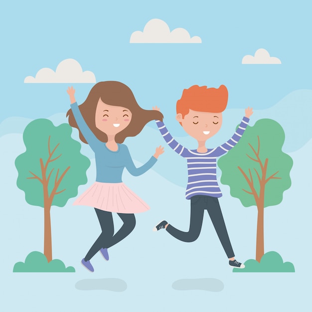 Premium Vector | Happy couple celebrating jumping in the forest scene