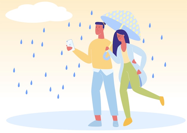 Happy Couple Holding Hands Walking In Park In Rain Premium Vector