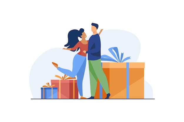 Free Vector | Happy couple hugging and standing near gifts.