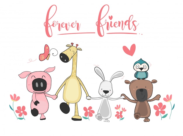 Premium Vector Happy Cute Animals Friend Holding Hand And Walk Together