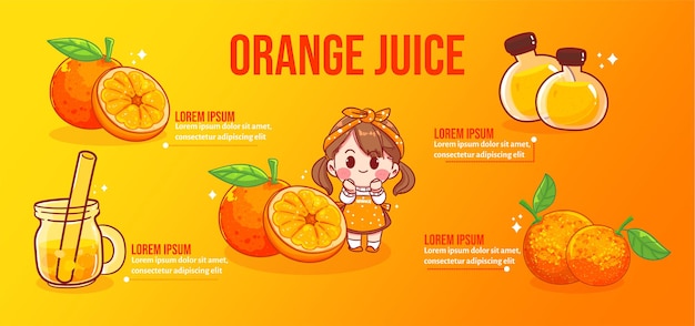 幸せなかわいい女の子とオレンジジュースの漫画アートイラスト プレミアムベクター