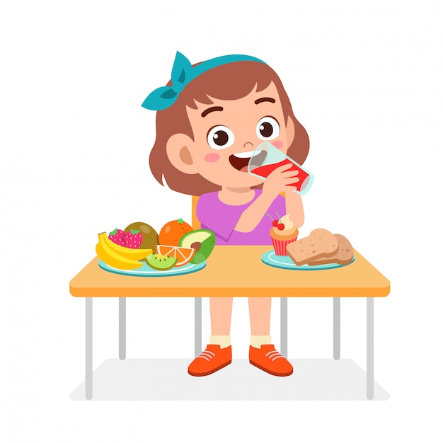 Happy cute girl eat healthy food Vector | Premium Download