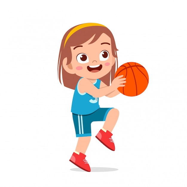 プレミアムベクター 幸せなかわいい女の子プレイバスケットボール