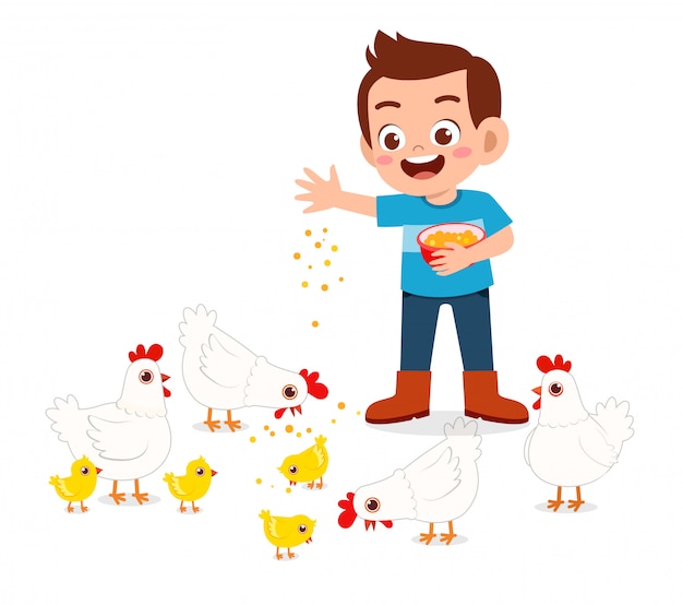 Premium Vector | Happy cute kid boy feeding cute chicken