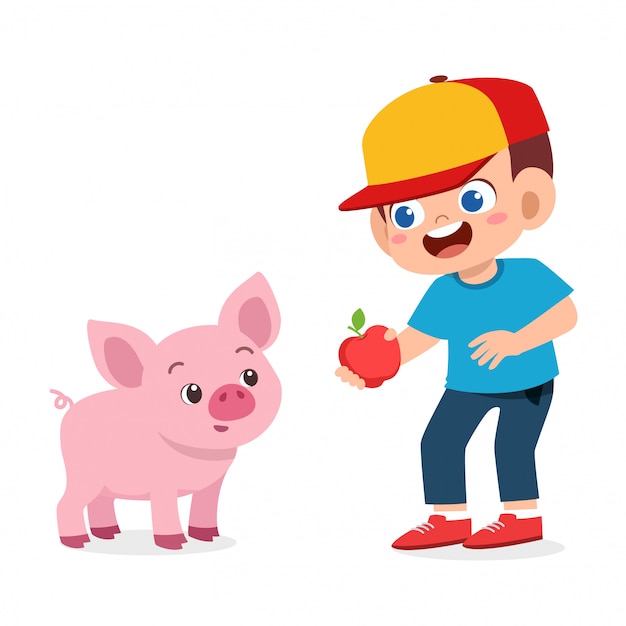 Premium Vector | Happy cute kid boy feeding cute pig