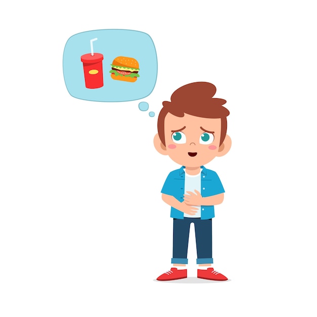 Premium Vector | Happy cute kid boy feels hungry want to eat and thinks