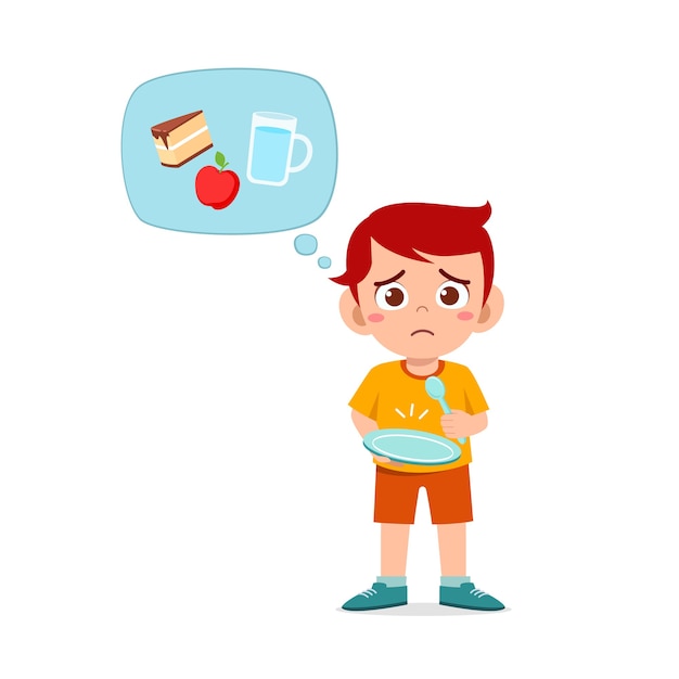 Premium Vector | Happy cute kid boy feels hungry want to eat and thinks ...