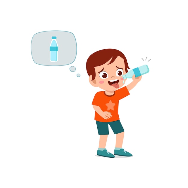 Premium Vector | Happy cute kid boy feels so thirsty because of hot ...