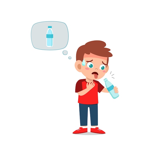 Premium Vector | Happy cute kid boy feels so thirsty because of hot ...